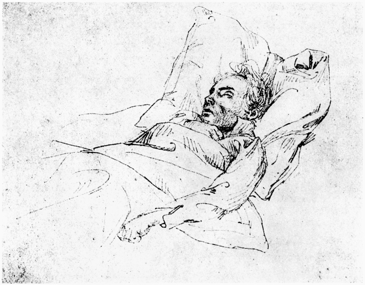 Ludwig van Beethoven (1770-1827) a halálos ágyán, 1827. március 28-án (bw fotó) alkotó: Josef Eduard Teltscher