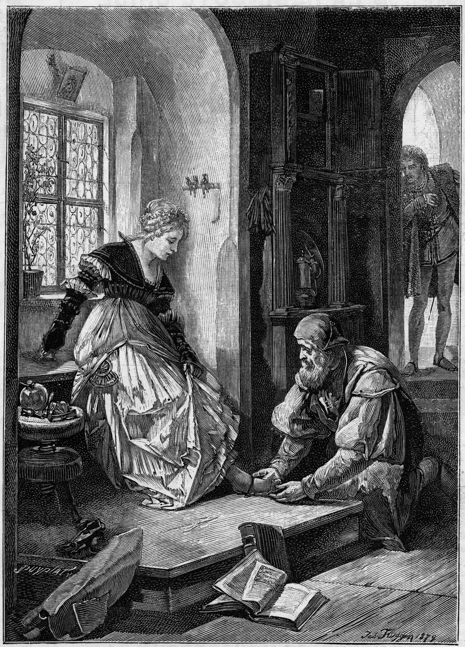 Éva Hans Sachs műhelyében (A „Die Meistersinger von Nurnberg” opera III. felvonása, franciául Richard Wagner „Nürnbergi mesterénekesei”, 1868-ban) Joseph Fluggen festménye alapján. Metszet a „The Illustrous World”-ben alkotó: Josef Fluggen