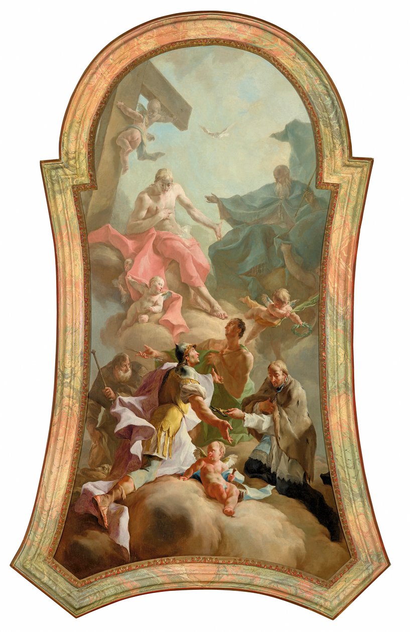 A Szentháromság Rókussal, Flóriánnal, Sebastiannal és Nepomuki Jánossal alkotó: Josef Ignaz Mildorfer