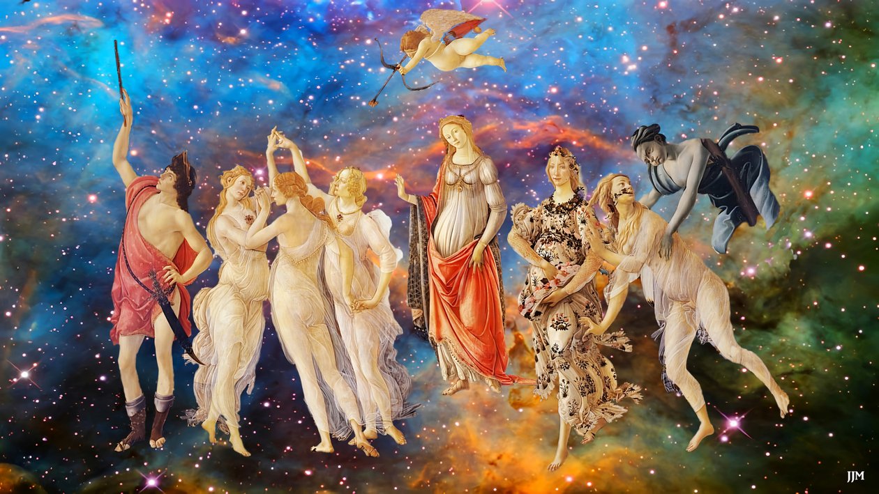 JJM-recreate: Botticelli-S_La Primavera+JWST alkotó: Josef Johann Michel