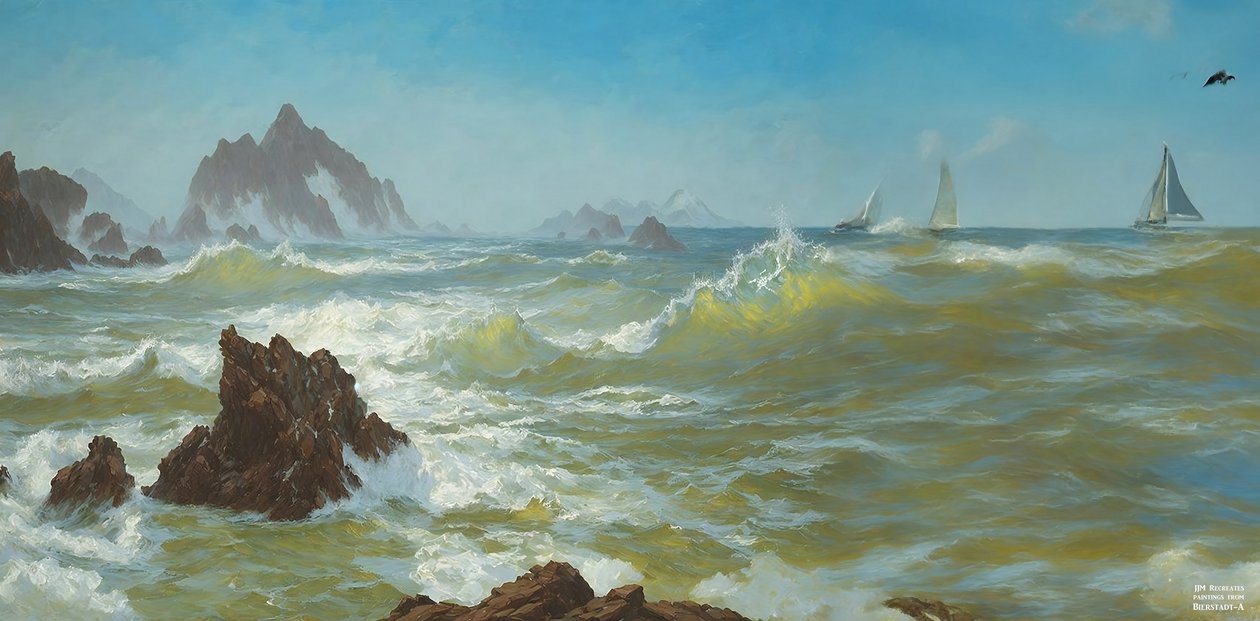 A JJM újraalkotja a Bierstadt-A: Seal Rock Californiat (vitorlás hajókkal) alkotó: Josef Johann Michel