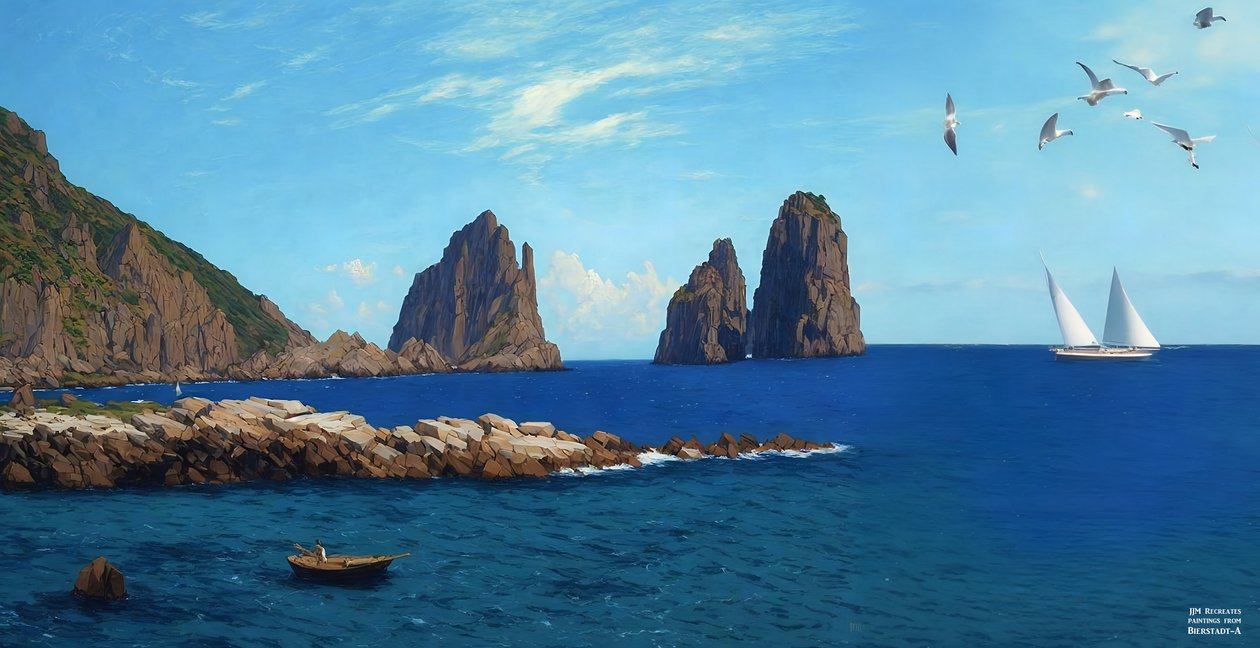 JJM újraalkotja Bierstadt-A: Evezés a sziklákról alkotó: Josef Johann Michel