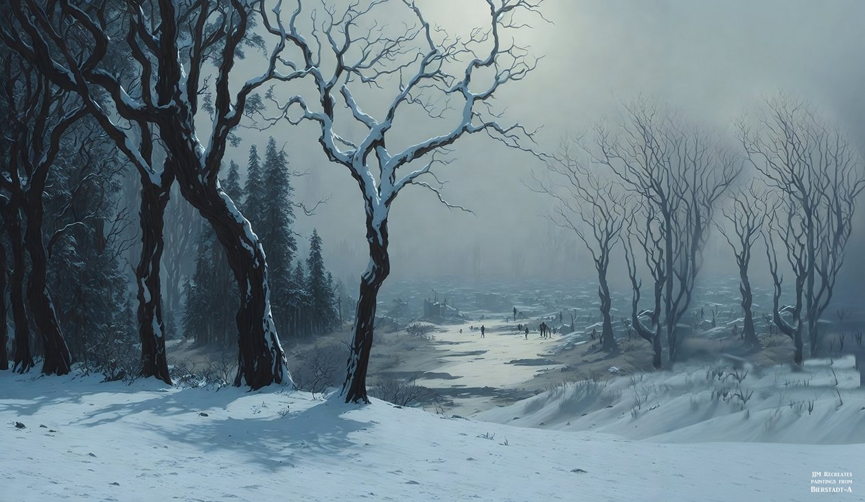 JJM újraalkotja a Bierstadt-A: Tél a Yosemite-ben (jégkorcsolyázó) alkotó: Josef Johann Michel