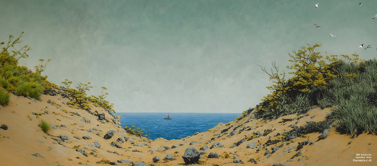 JJM újraalkotja Friedrich-C-D: Kilátás a bank mélyedésén keresztül (panoráma) alkotó: Josef Johann Michel