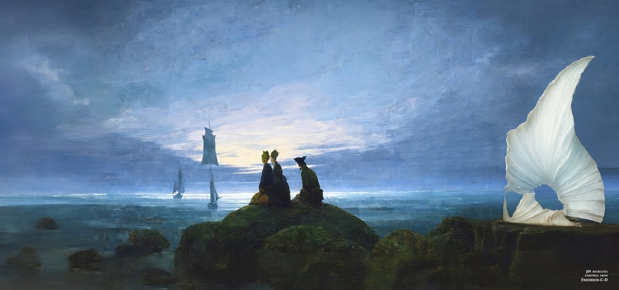 JJM újraalkotja Friedrich-C-D: Holdkelte a tenger felett (néma néző) alkotó: Josef Johann Michel