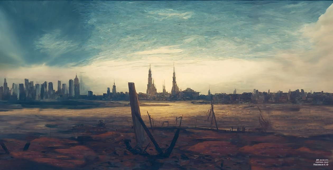 JJM újraalkotja a Friedrich-C-D: City at moonrise (magas épületek) alkotó: Josef Johann Michel