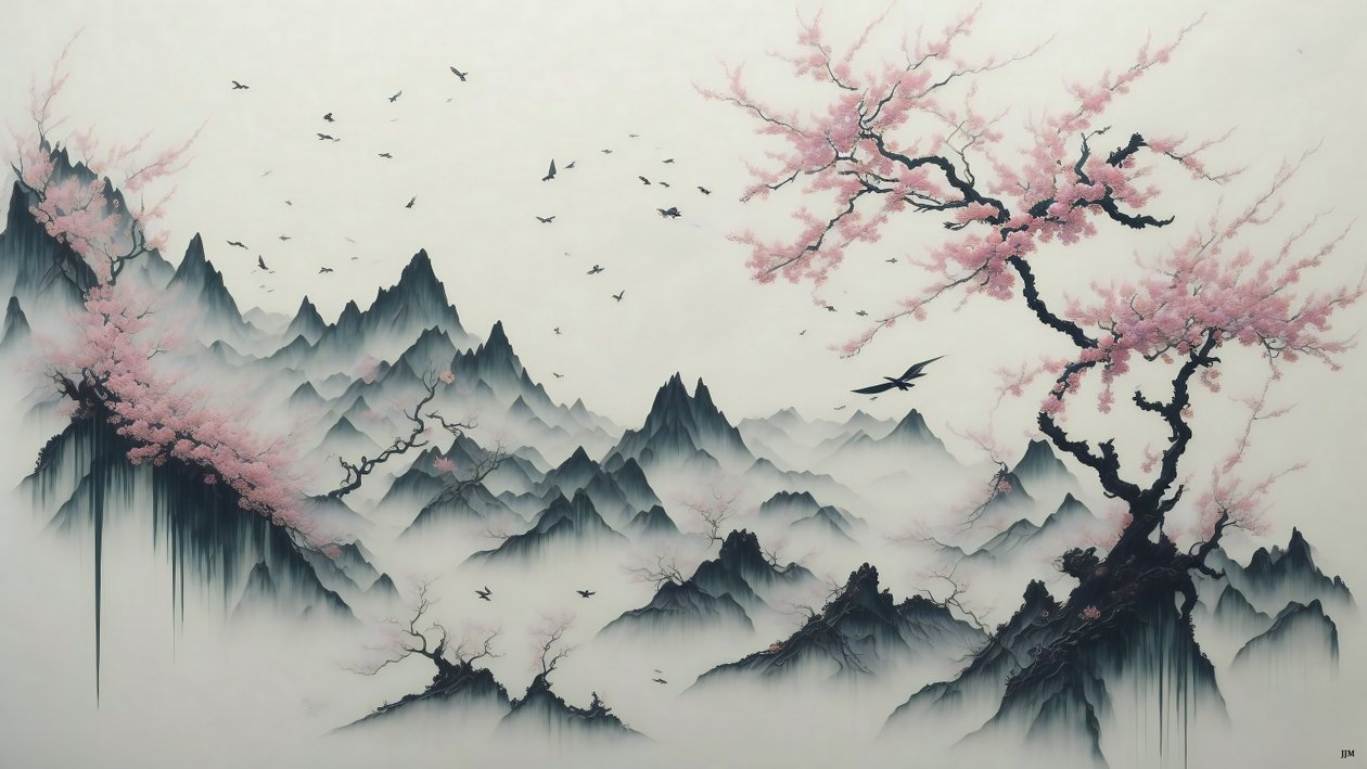 ink painting: Cherry Blossom trees blooming_01 alkotó: Josef Johann Michel