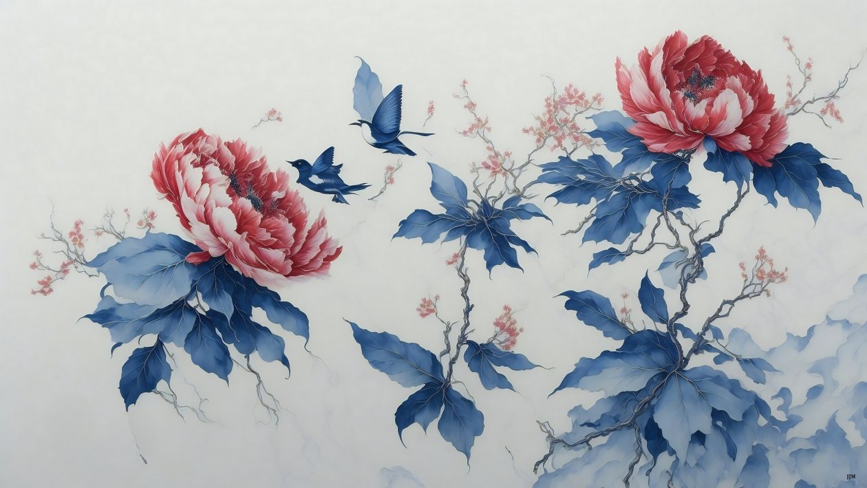 tusfestés: PEONY kék színben_02 alkotó: Josef Johann Michel
