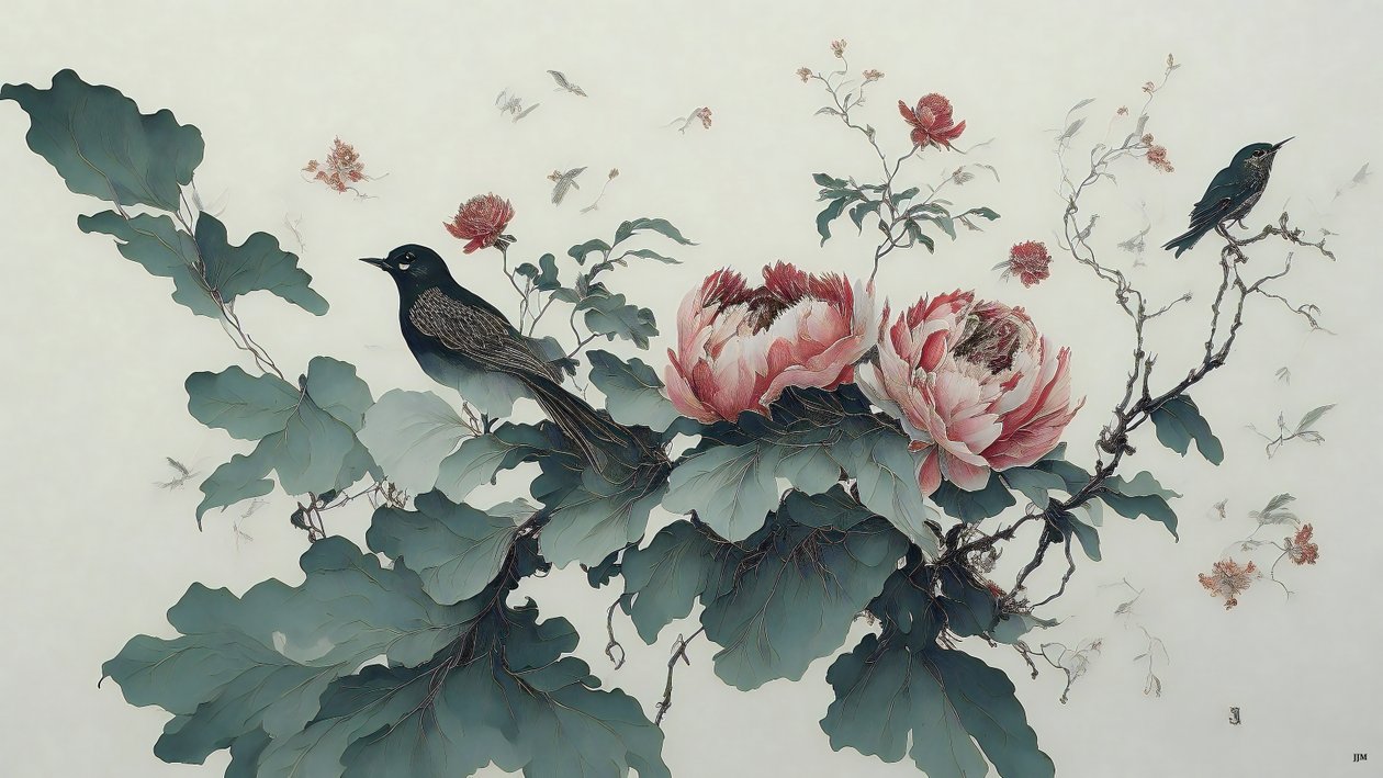 ink painting: PEONY in green_01 alkotó: Josef Johann Michel