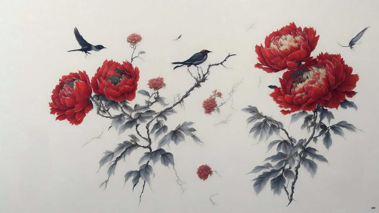 tusfestés: PEONY pirosban_02 alkotó: Josef Johann Michel