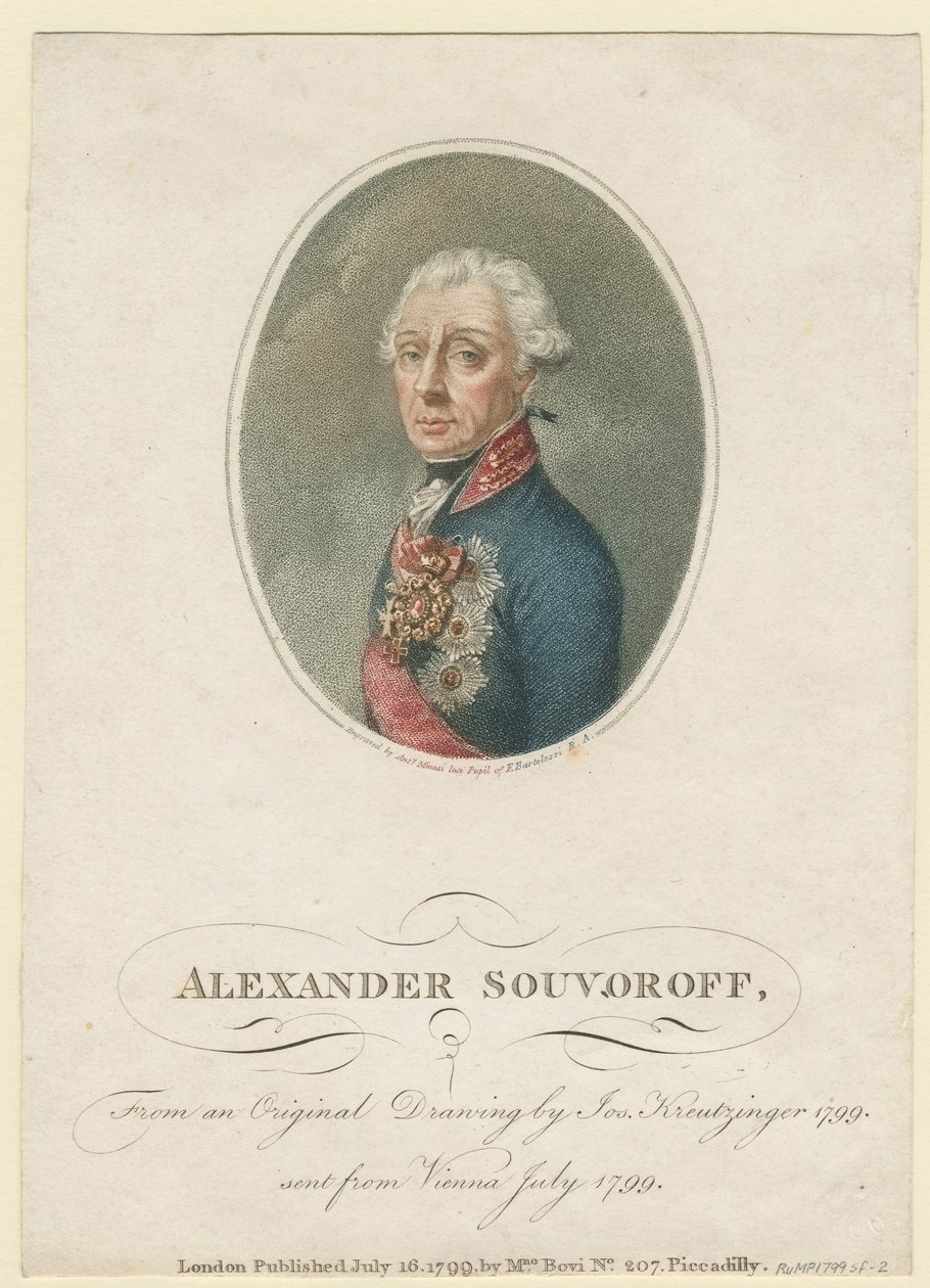 Alekszandr Szuvorov (Alexandre Souvorov) herceg, generalisszimo tábornagy portréja (1729-1800) - Kreuzinger, Josef (1757-1829) - 1799 - Rézkarc, akvarell - 22,5x16 - Magángyűjtemény alkotó: Josef Kreuzinger