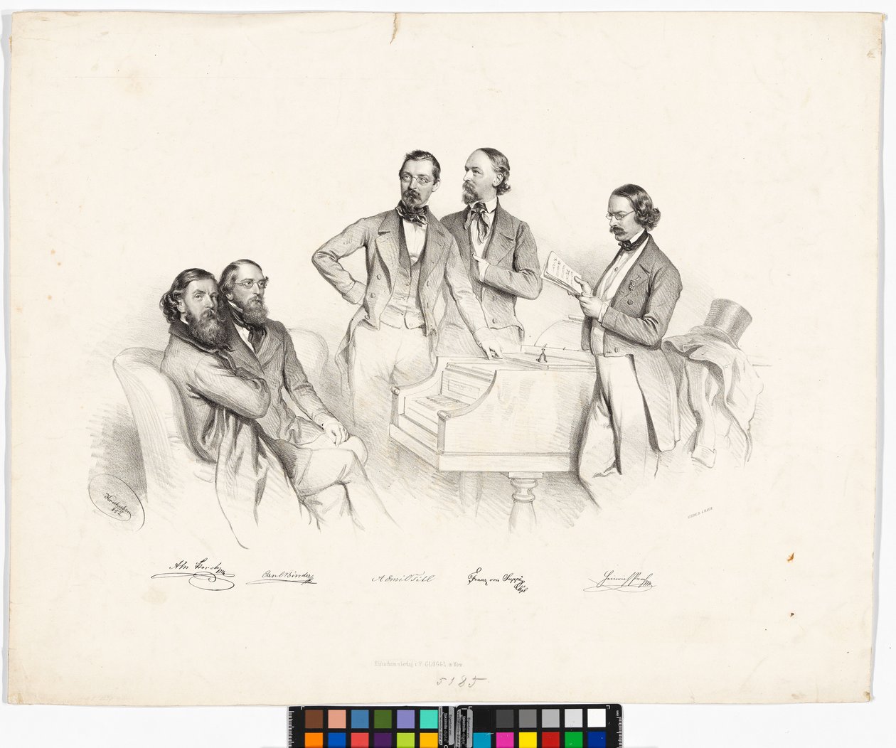 Csoportkép: Anton Storch, Carl Binder, Anton Emil Titl, Franz von Suppé, Heinrich Proch alkotó: Josef Kriehuber