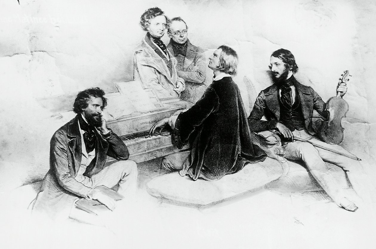 Matiné Liszt otthonában, balról jobbra, Kriehuber, zeneszerző Hector Berlioz (1803-1869), Carl Czerny (1791-1857) Liszt tanára, Liszt Ferenc (1811-1866) és Heinrich Wilhelm Ernst hegedűművész (1840-1865), Liszt Josef Kriehuber (1800-1876) alkotó: Josef Nikolaus Kriehuber