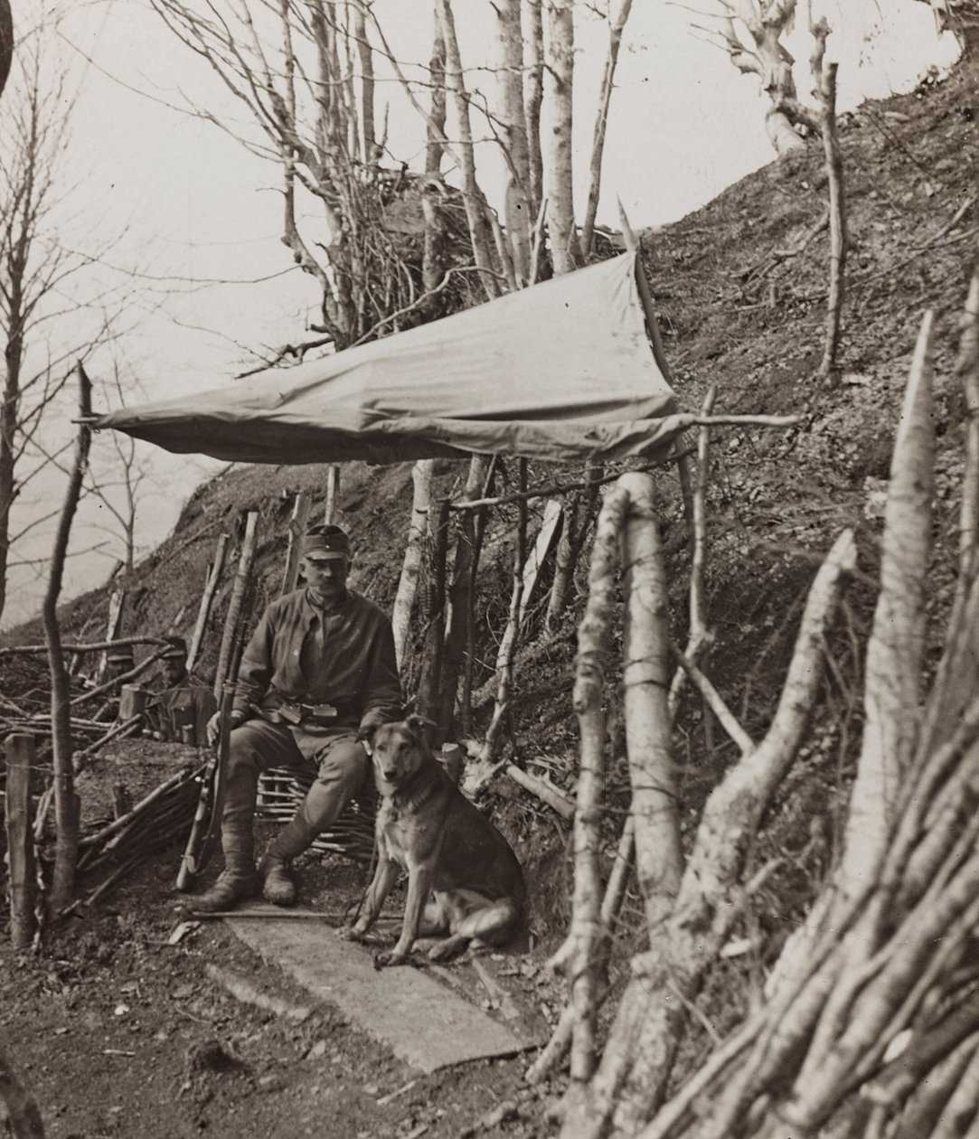 Album "Az én világháborúm – emlékek a délnyugati frontról Karintiában, Olaszországban, Trentino-Alto Adige" 1915.03.31-1918.12.11 - Josef Zohles Bécs": katonakutya sátor alatt ( alkotó: Josef Zohles
