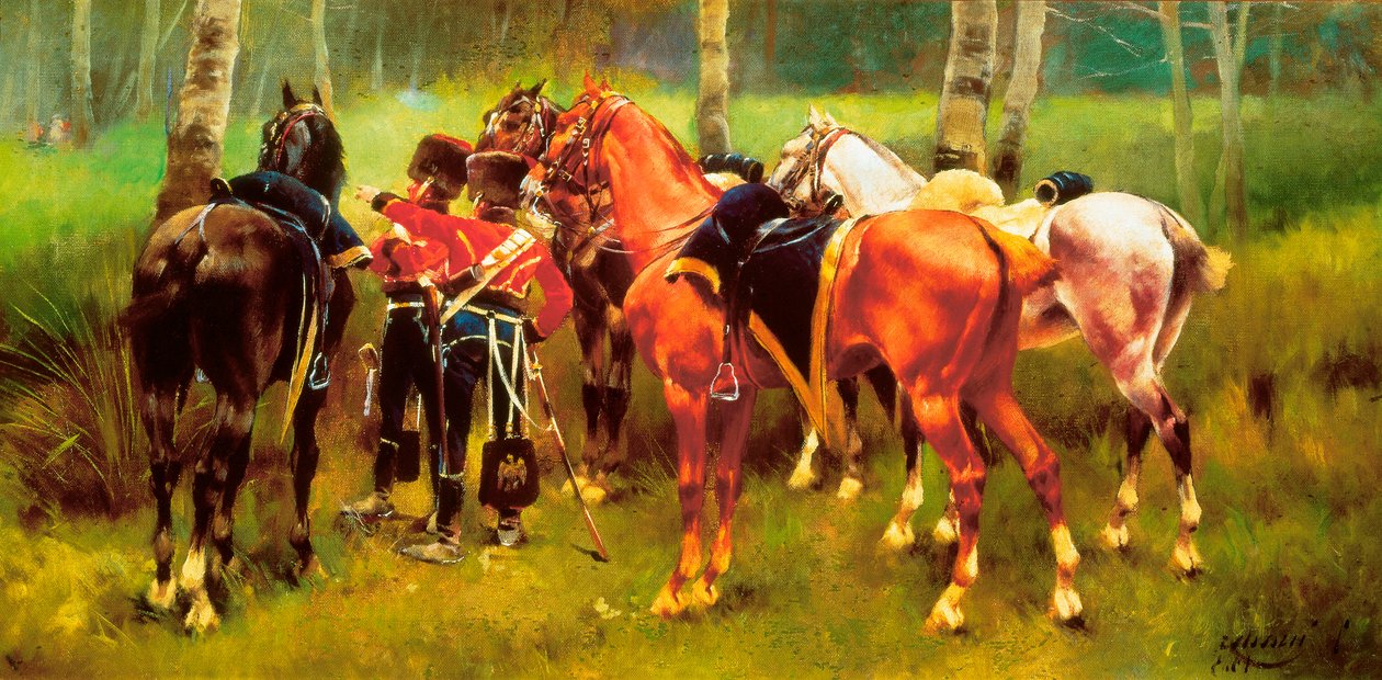 ""Huszárok és lovak csoportja az erdőben"" Josep Cusachs i Cusachs (1851-1908) festménye. 1905. alkotó: Josep Cusachs y Cusachs