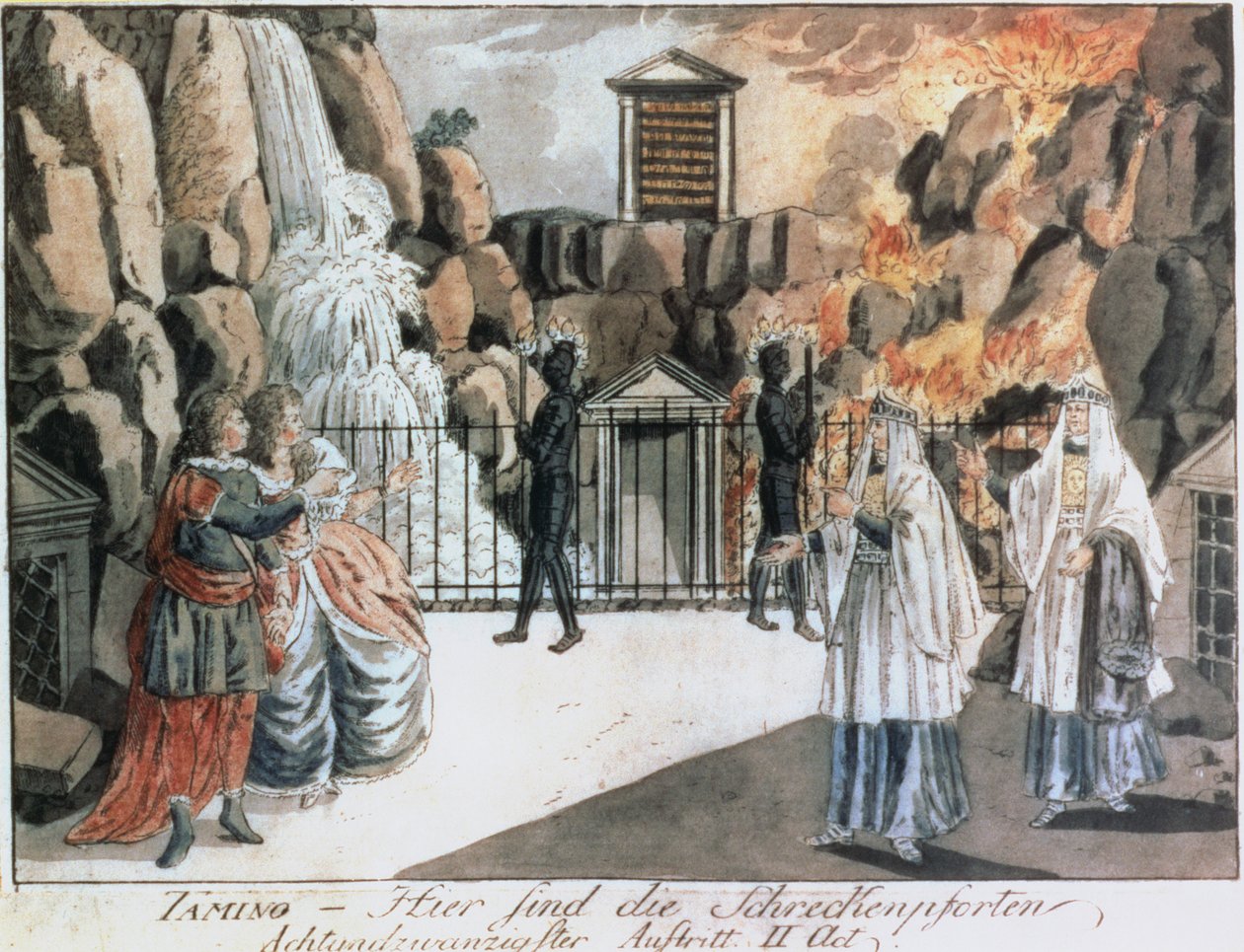 Tamino és Pamina a templom előtt, jelenet Wolfgang Amadeus Mozart (1756-91) „A varázsfuvolából”, illusztráció az „Allgemeines Europaisches Journal” című folyóiratból, 1795-ben (színes metszet) alkotó: Joseph and Peter Schaffer