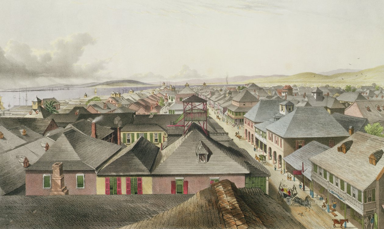 Kingston városa a kereskedelmi termek felől, nyugat felé nézve, 20. tábla a "West Indian Scenery: Illustrations of Jamaica" című, a művész által metszett kiadványból. 1838-40 alkotó: Joseph Bartholomew Kidd
