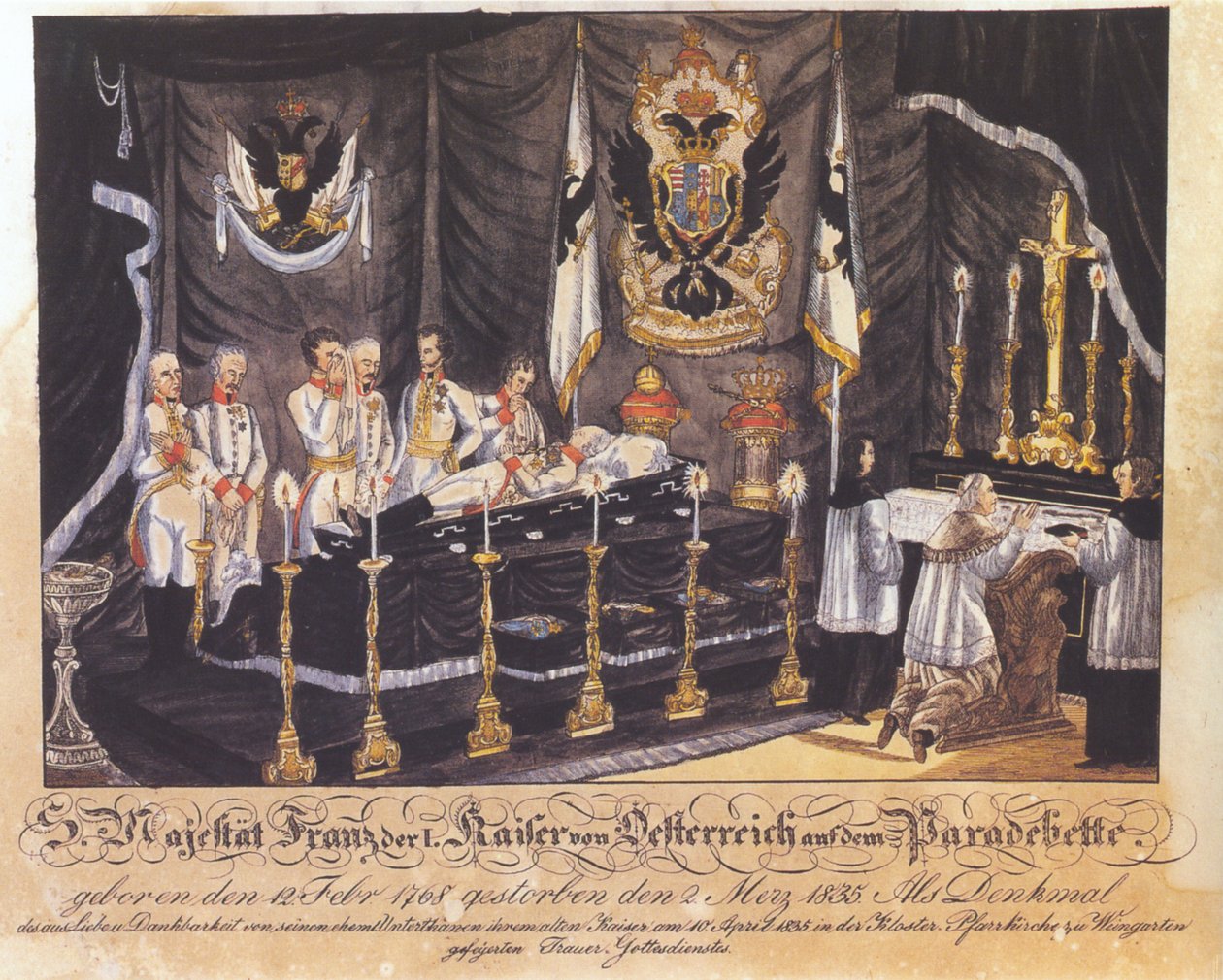 S. Felség I. Ferenc osztrák császár a díszágyon, színes litográfia, 1835 alkotó: Joseph Bayer