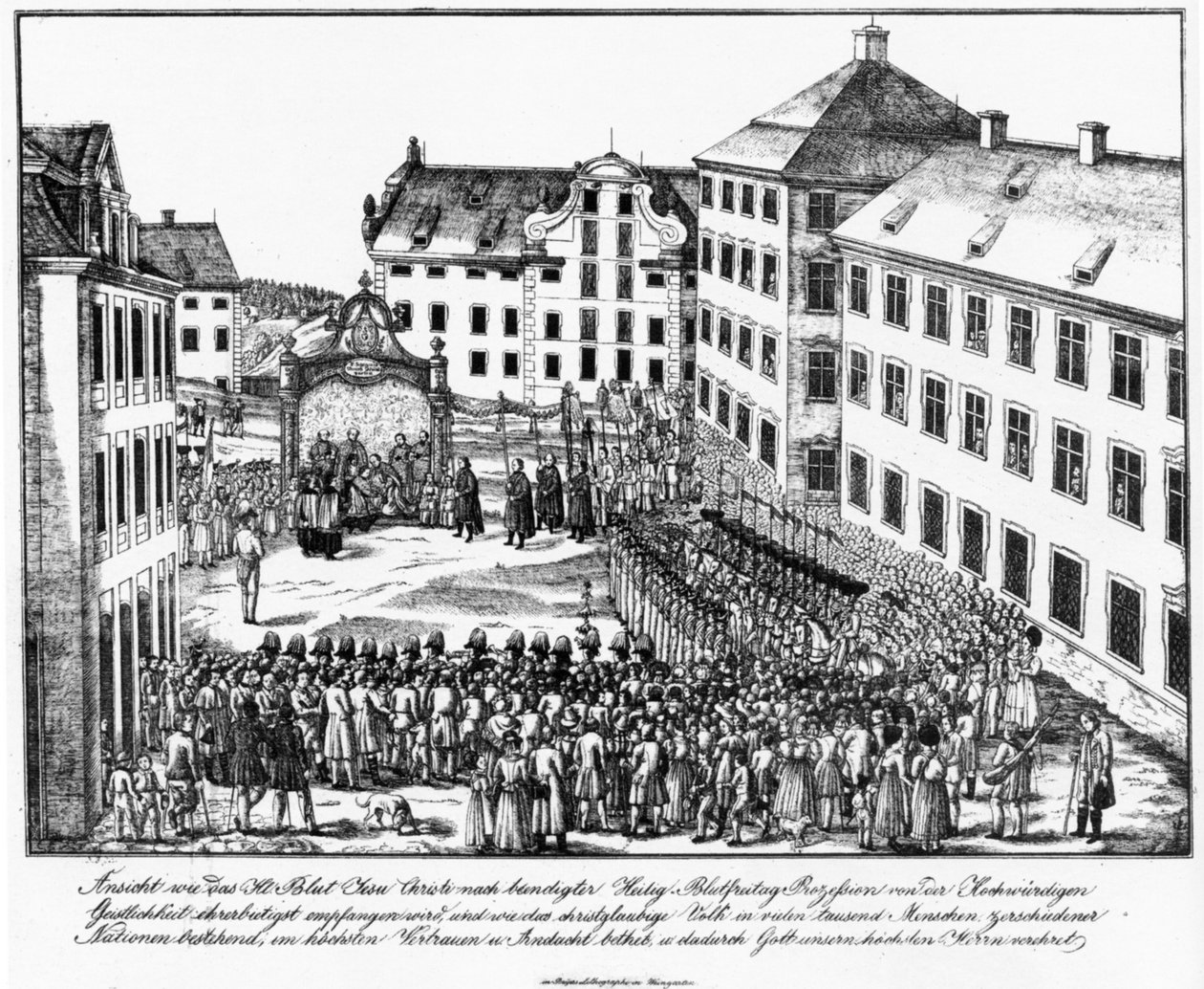 Weingarten, kolostor udvara, a Szent Vér körmenete után a papság átvette a Szent Vér Reqlique-t, az 1840-es évek eleje alkotó: Joseph Bayer