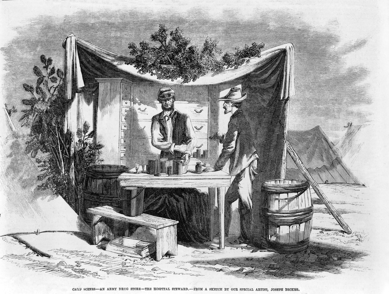 Tábori jelenetek - egy katonai gyógyszertár - a kórházi gondnok, kocsma. 1864 alkotó: Joseph Becker