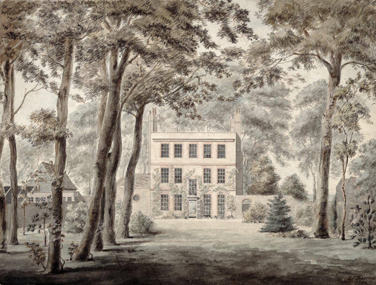 Egy kertész egy elegáns vidéki ház területén dolgozik, 1788 (ceruza, tinta és wc) alkotó: Joseph Charles Barrow