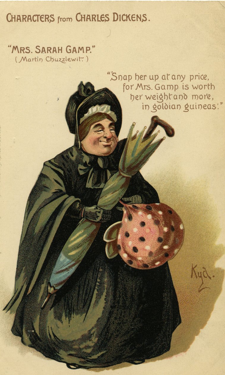 Charles Dickens karakterei – Mrs. Sarah Gamp Martin Chuzzlewittől, Képeslap, 1903 körül alkotó: Joseph Clayton Clarke