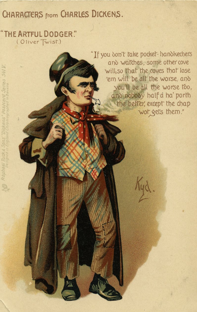 Karakterek Charles Dickenstől – A mesterkélt ügyeskedő Oliver Twisttől, Képeslap, 1903 körül alkotó: Joseph Clayton Clarke