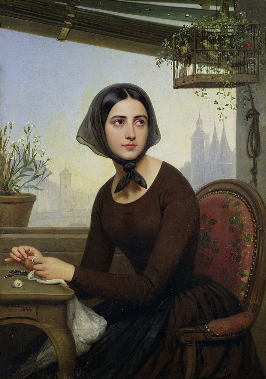 Rigolette megpróbálja elterelni a figyelmét Germain távollétében, 1844 alkotó: Joseph Desire Court