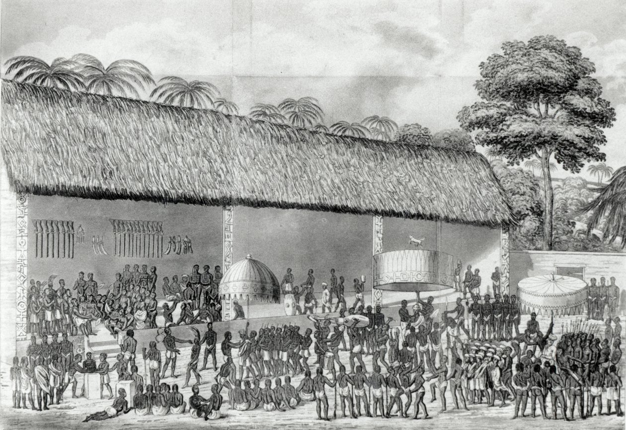 Adai vallási fesztivál Ashanti királyának udvarában 1820 márciusában, Dupuis „Journal of a Residence in Ashantee” című könyvéből, 1824-ben. alkotó: Joseph Dupuis