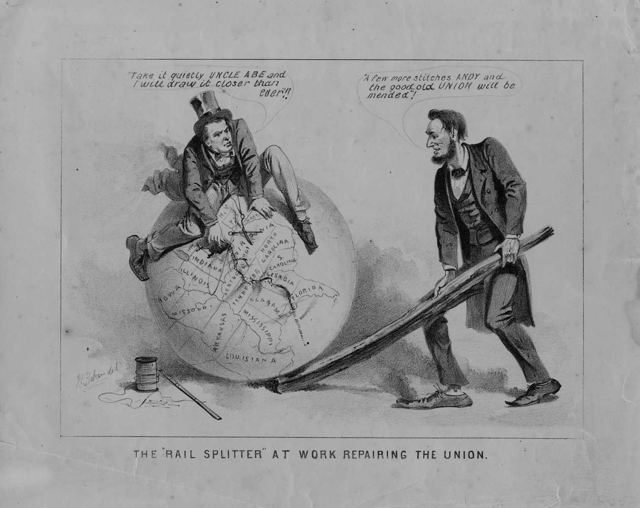 A Rail Splitter az Unió javításánál, 1865 körüli litográfia alkotó: Joseph Baker
