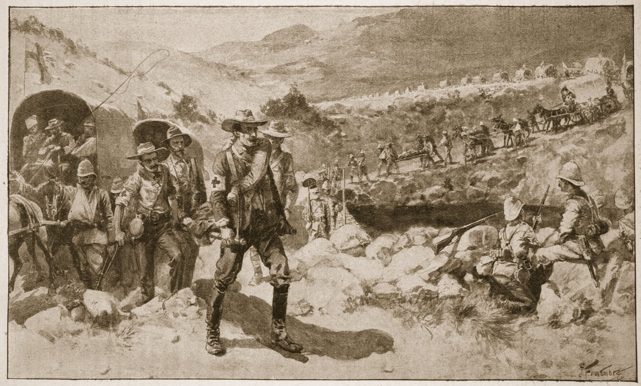 A csata után: Henty és Arthur Griffiths őrnagy "Battles of the Nineteenth Century, Vol. VI: The Boer War of 1899-1900" című könyvének illusztrációja, írta Archibald Forbes, G.A. Henty és Arthur Griffiths őrnagy. alkotó: Joseph Finnemore