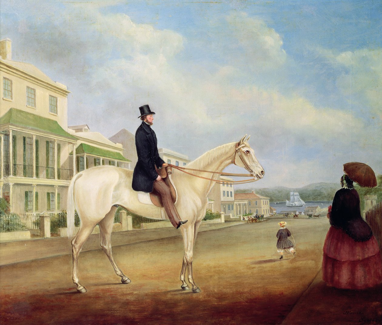 Lovas fehér lovon, valószínűleg a Macquarie Street North-ban, 1850 körül alkotó: Joseph Fowles