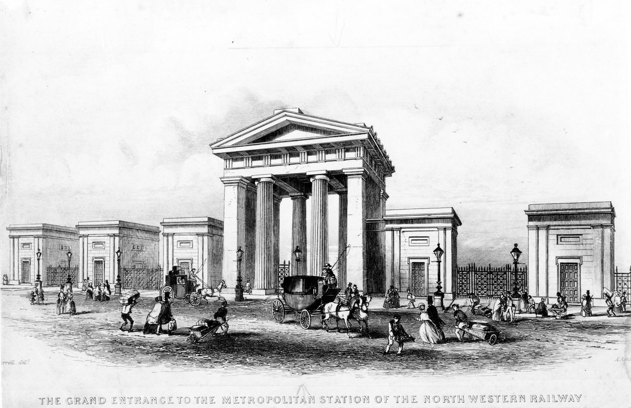 Az északnyugati vasút nagyvárosi állomásának nagy bejárata, Alfred Ashley metszete, 1837 körül alkotó: Joseph Francis Burrel