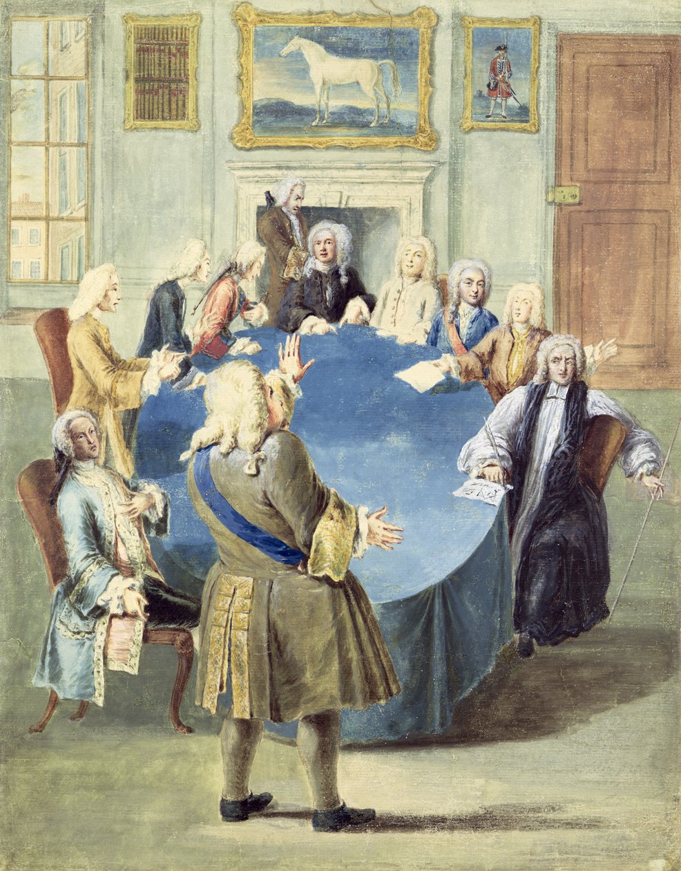 Sir Robert Walpole beszédet mond a kabinetjének alkotó: Joseph Goupy