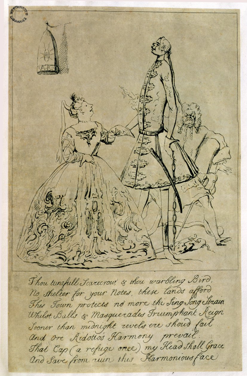 A Te dallamú madárijesztő és te kocogó madár, Farinelli, Cuzzoni és Heidegger karikatúrája, állítólag Burlington grófnője 1730-as évekbeli tervei alapján készült. alkotó: Joseph Goupy