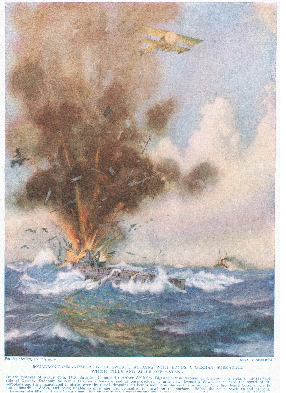 századparancsnok A.W. A Bigsworth bombákkal megtámad egy német tengeralattjárót, amely megtelik vízzel és elsüllyed Oostende mellett, illusztráció a „Deeds that Thrill the Empire” című könyvből, kiadó: Hutchinson und Co., c. alkotó: Joseph Harold Swanwick