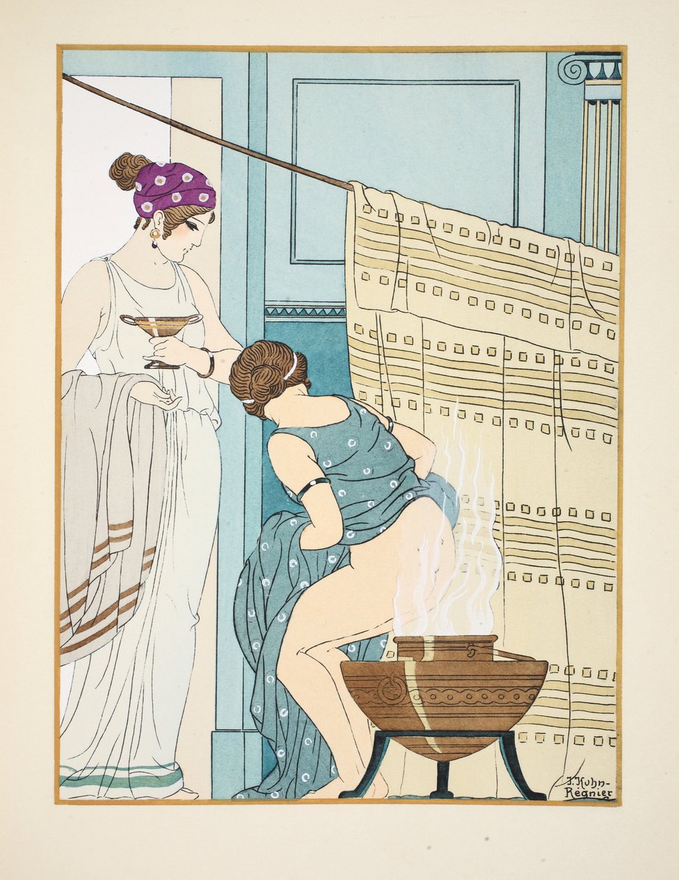Nő ül egy nagy fazékon, illusztráció a Hippokratész műveiből, 1934 alkotó: Joseph Kuhn Regnier