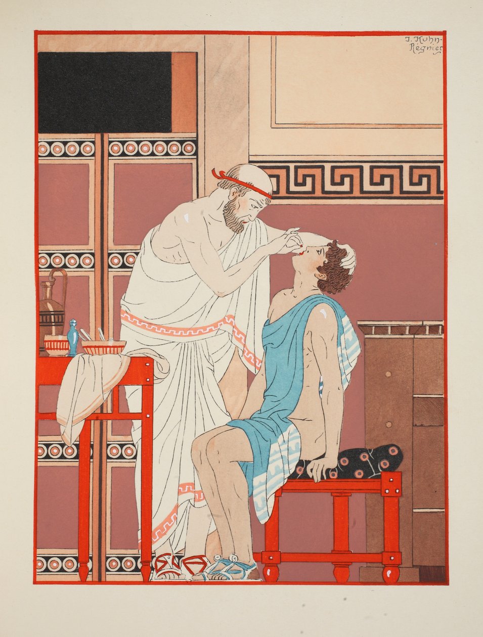 Az orrlyukakban láz esetén alkalmazott gyógyszerek, illusztráció a "Hippokratész műveiből", 1934. alkotó: Joseph Kuhn Regnier