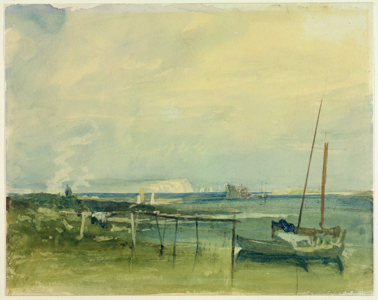 Tengerparti jelenet fehér sziklákkal és csónakokkal a parton (wc és grafit papíron) alkotó: Joseph Mallord William Turner
