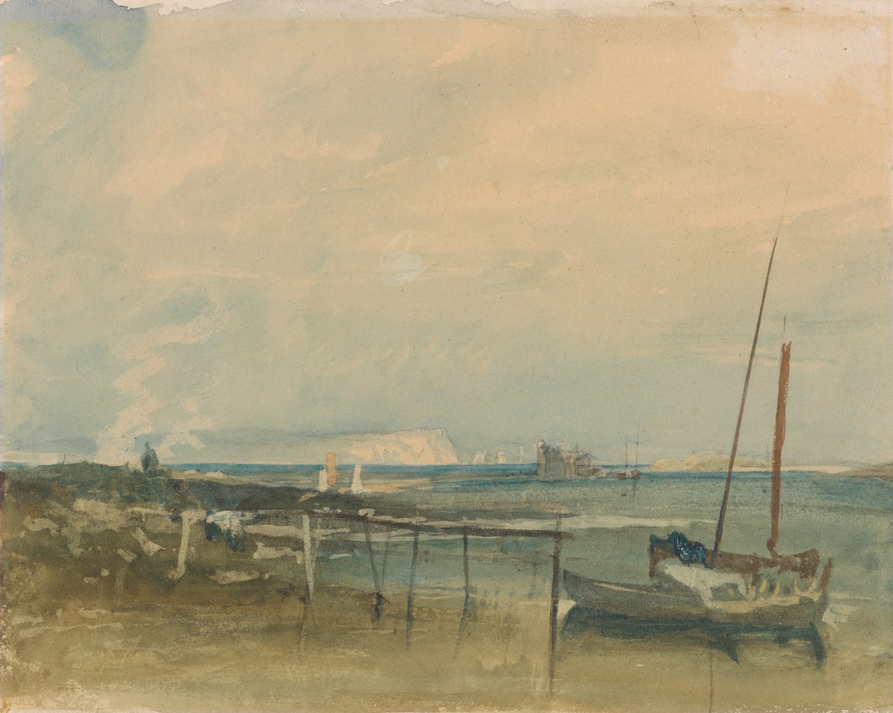 Parti jelenet fehér sziklákkal és csónakokkal a parton alkotó: Joseph Mallord William Turner
