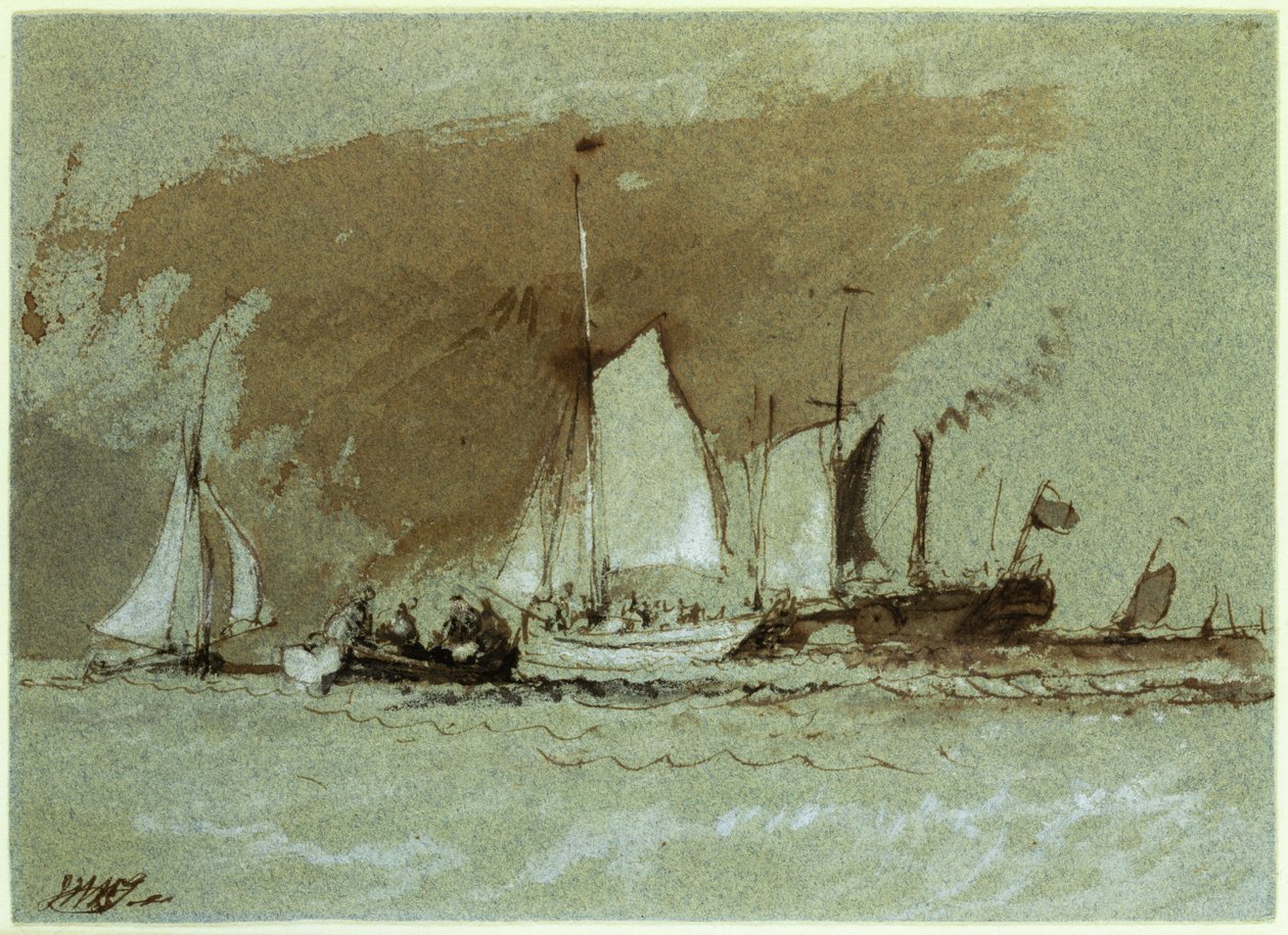 Halászhajók a tengeren, gőzhajóra felszállás az Isle of Wight-szigetnél (indiai tinta fehérrel megerősítve a papíron) alkotó: Joseph Mallord William Turner