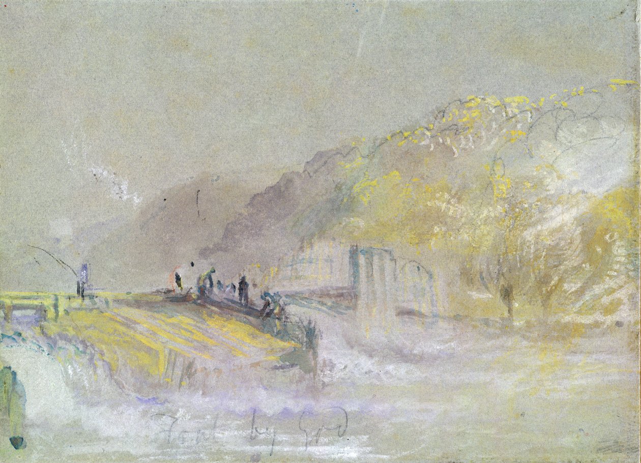 Isten hibája: Folyói táj horgászokkal, akik egy gátról horgásznak, 1830 körül (wc és testszín ceruzával és krétával a papíron) alkotó: Joseph Mallord William Turner