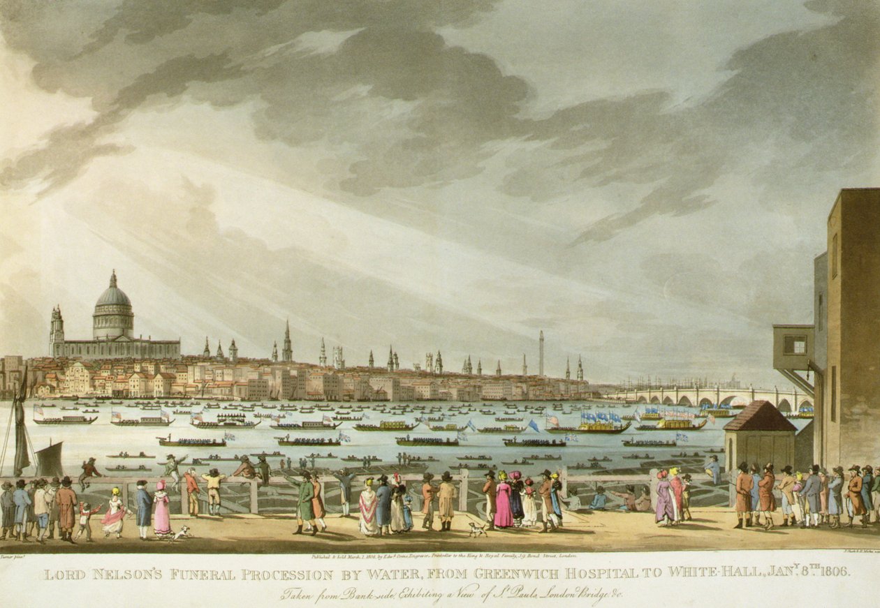 Lord Nelson temetési menete vízen Greenwichből Whitehallba a „Nelson története és grafikai élete” című művéből, J. Clark és H. Marke metszet, kocsma. Orme, 1806 alkotó: Joseph Mallord William Turner