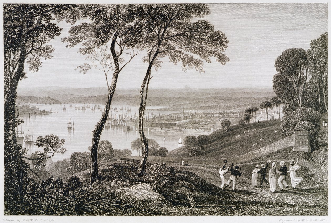 Plymouth dokk a Mount Edgecombe-ról, a „Cooke festői kilátásai Anglia déli partjára” című művéből, William Bernard Cooke (1778-1855) metszete 1814-26 alkotó: Joseph Mallord William Turner