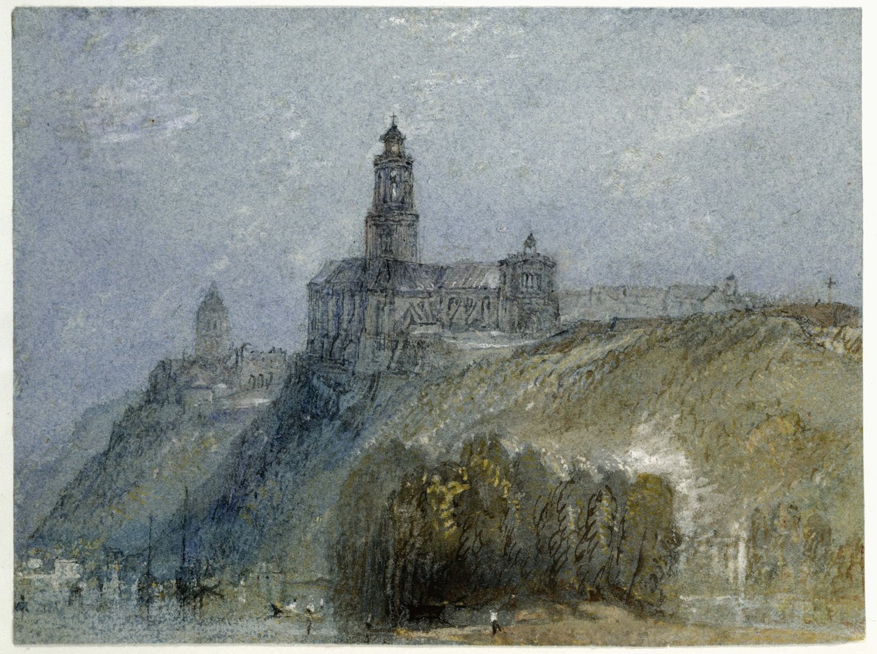 Saint-Florent-le-Vieil, 1826-30 körül (akvarell és testfesték, tollal, fekete és barna tintával, kék papírra) alkotó: Joseph Mallord William Turner