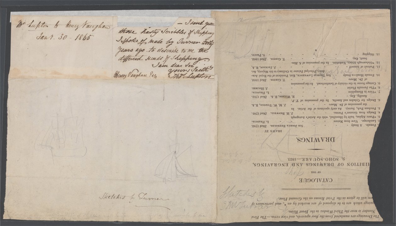 Két hajó vázlata egy katalógus oldalon alkotó: Joseph Mallord William Turner