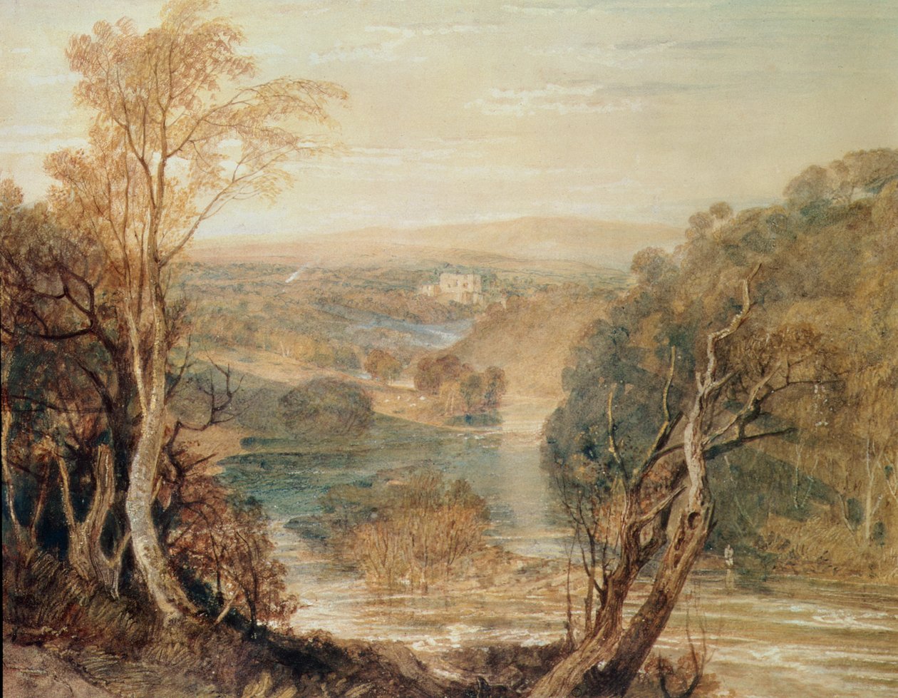 A River Wharfe távoli kilátással a Barden Towerre alkotó: Joseph Mallord William Turner