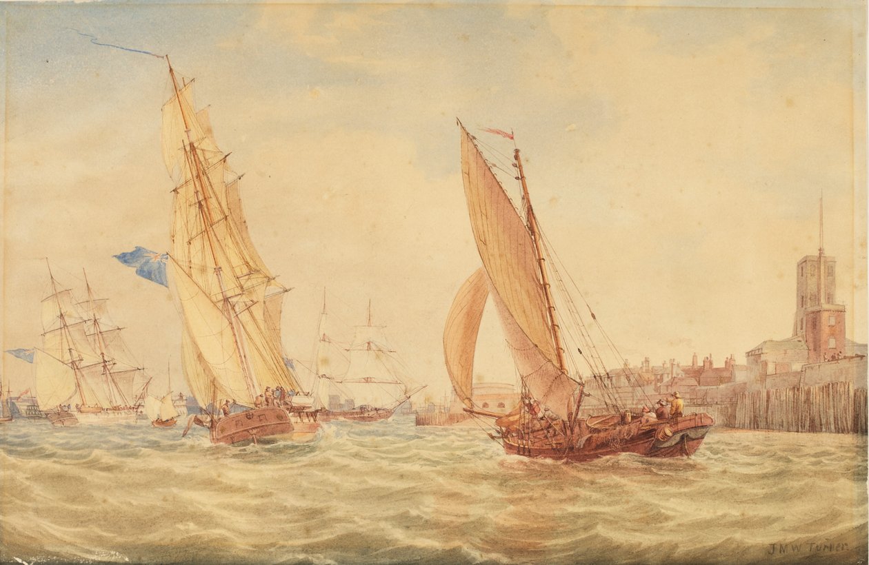 Három hadihajó és egy halászbárka kikötőben, Portsmouth, 1800-30 körüli évek alkotó: Joseph Mallord William Turner