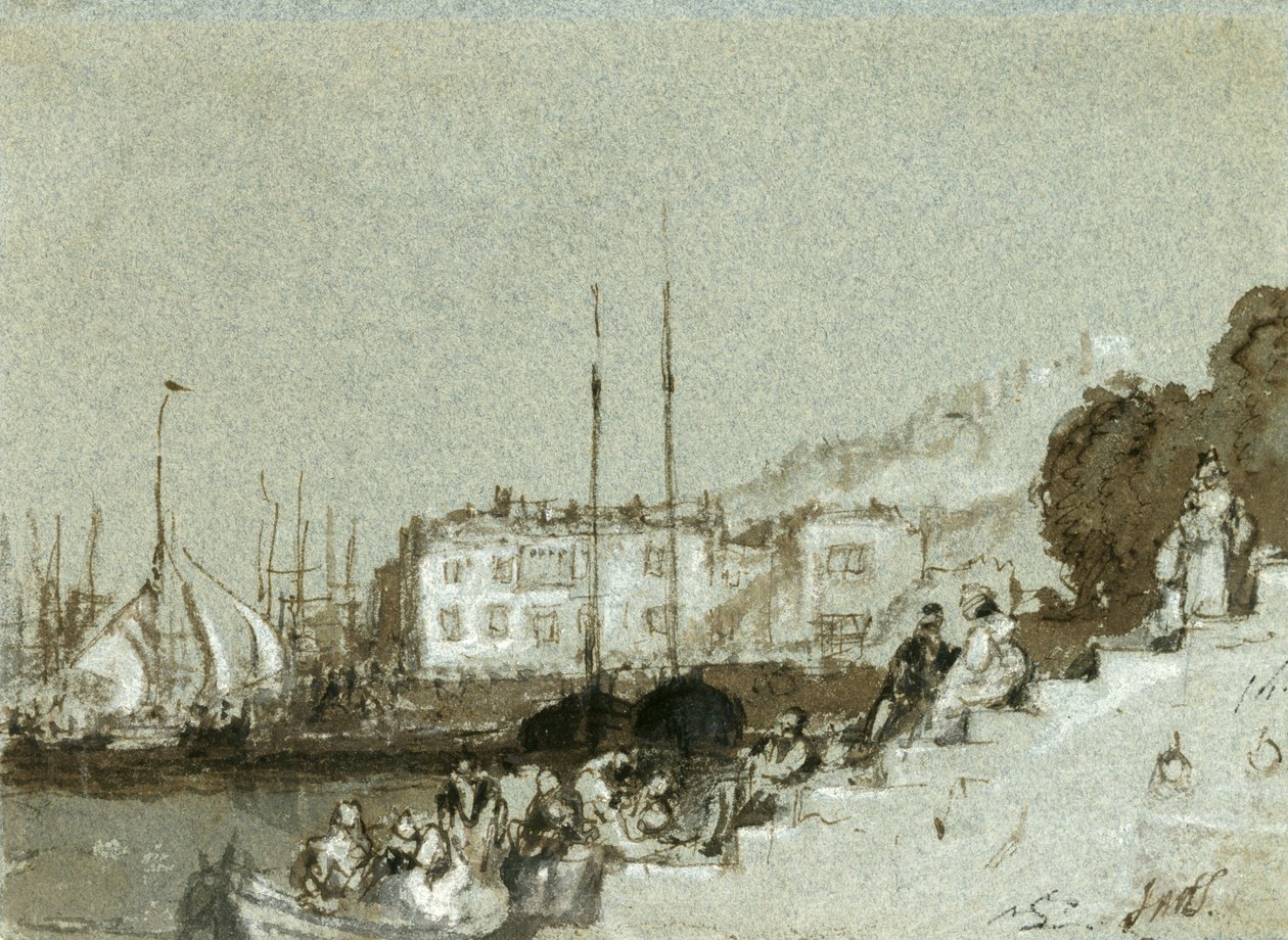 Kilátás egy Seaport East Cowes-i kikötőre, Isle of Wight, 1828 (tinta, mosás és fehér kréta kék papíron) alkotó: Joseph Mallord William Turner