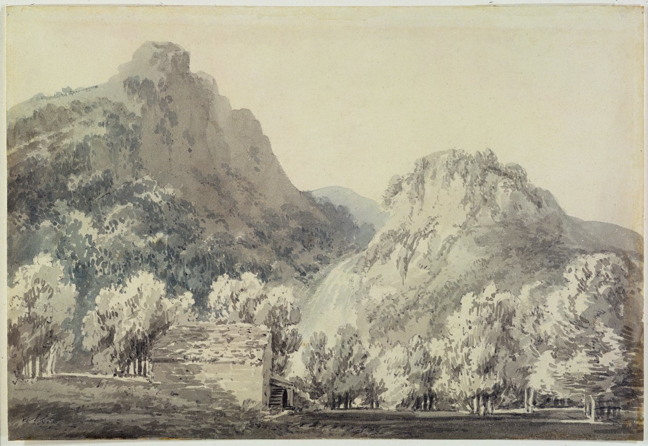 Vízesés Lodore-ban, Cumberland (szürke és kék festés a grafit felett a papíron) alkotó: Joseph Mallord William Turner